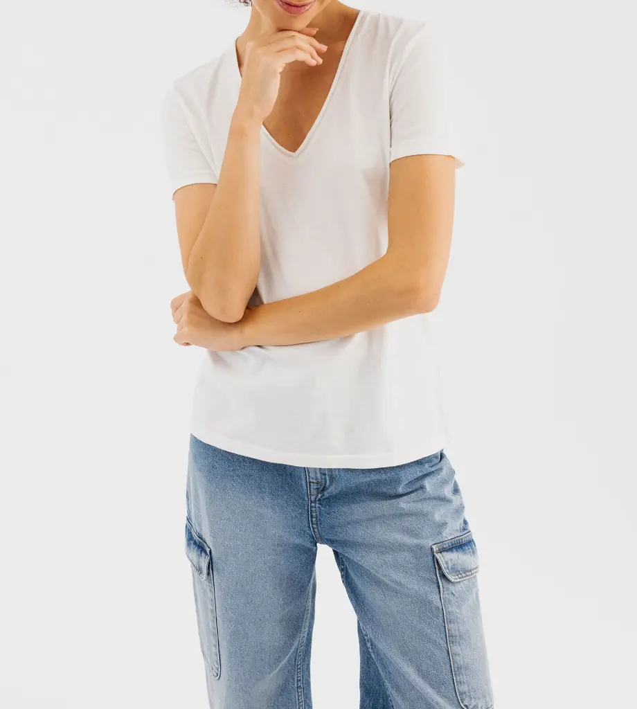 [25GE00083] REOBO-TEE-SHIRT MC COL V FEMME BLANC (S)