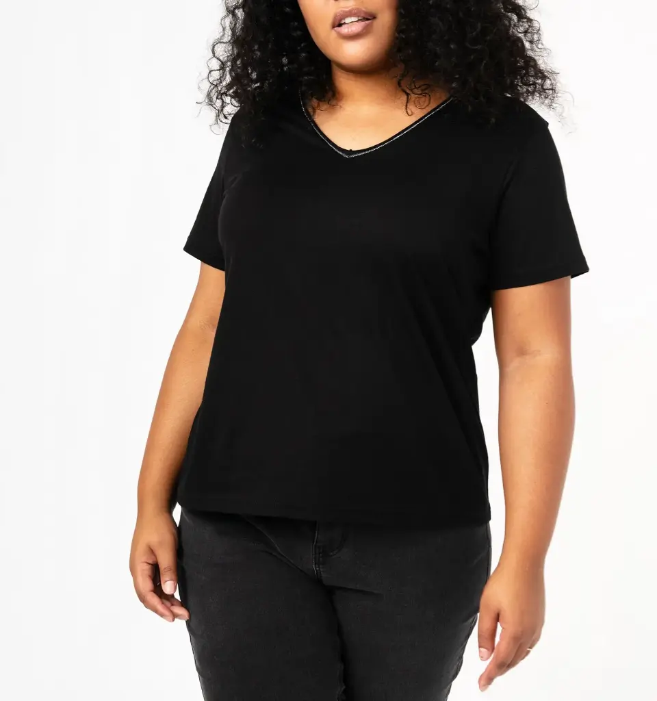 [25GE00074] RABORD-TEE-SHIRT MC COL V FEMME NOIR (46/48)